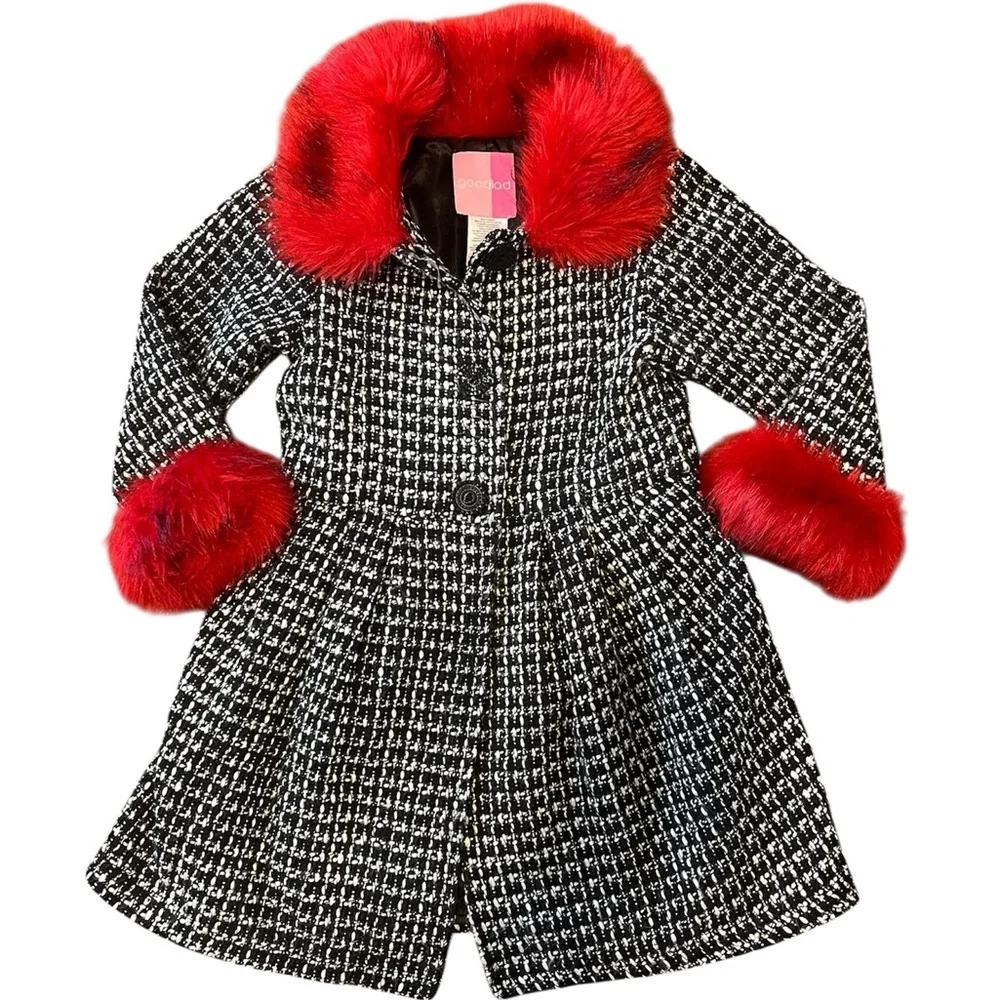 Goodlad Stylish Black and White Coat with Red Fur Accents Coat Girls Sz 4
